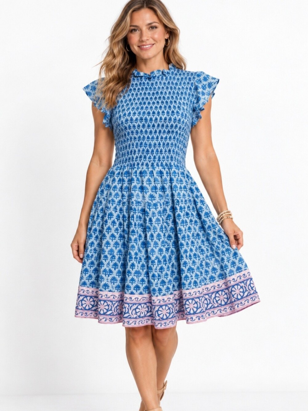 Oliphant Women’s Large 100% Cotton Blue Floral Block Print Smocked Ruffle Dress